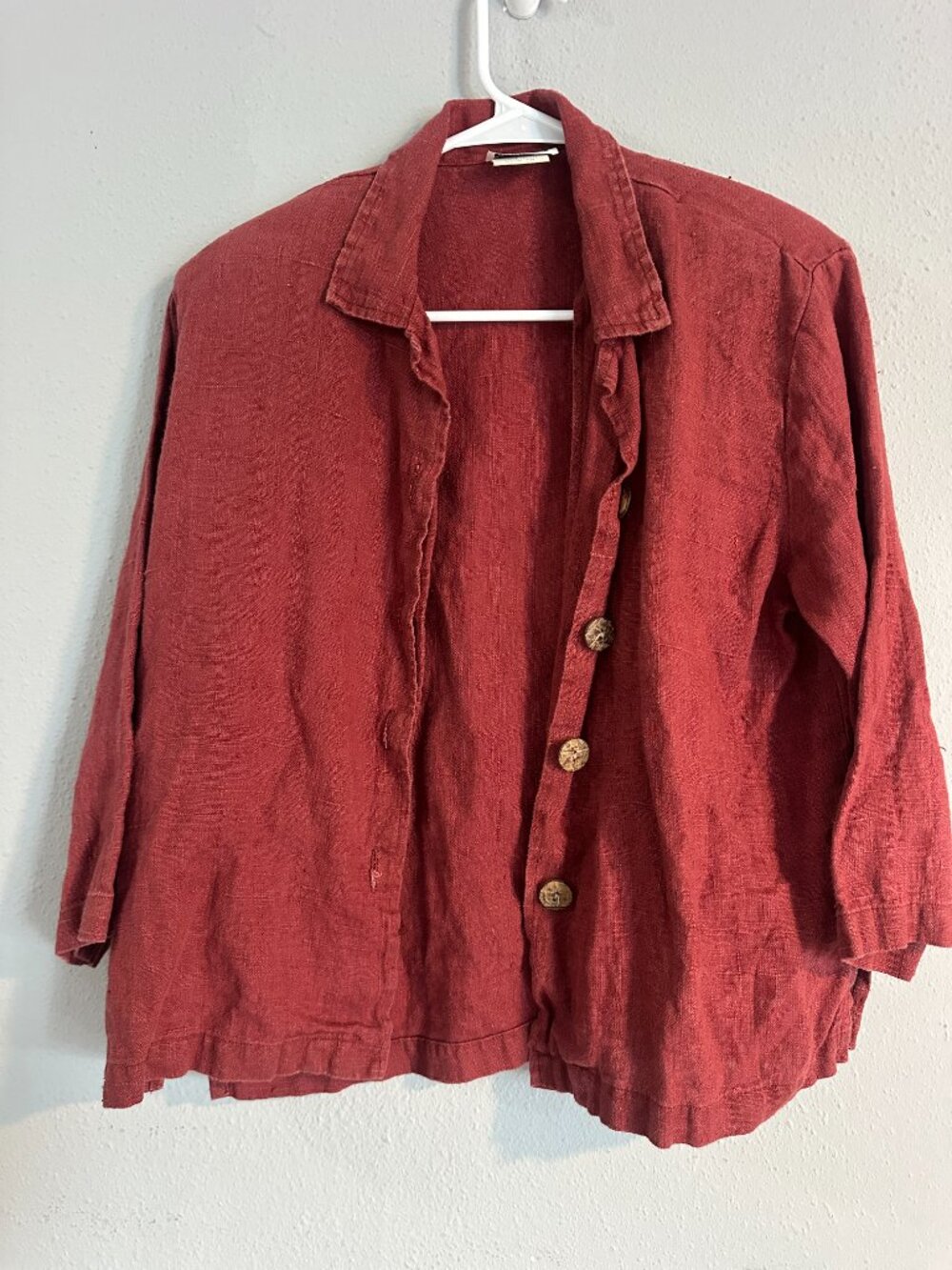 Vintage 90s Linen Shirt CLIO Petites Size PM Red Button Up Shirt Made in USA - Picture 2 of 8